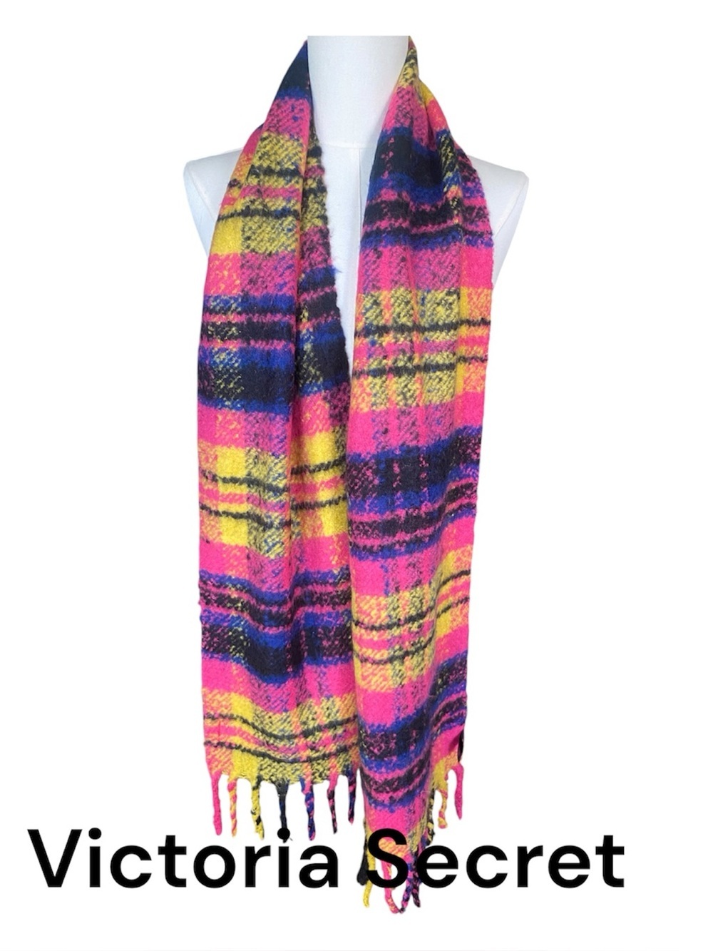 Victoria’s Secret Neon Plaid Fringe Scarf Pink Yellow Blue Soft Cozy Winter Wrap